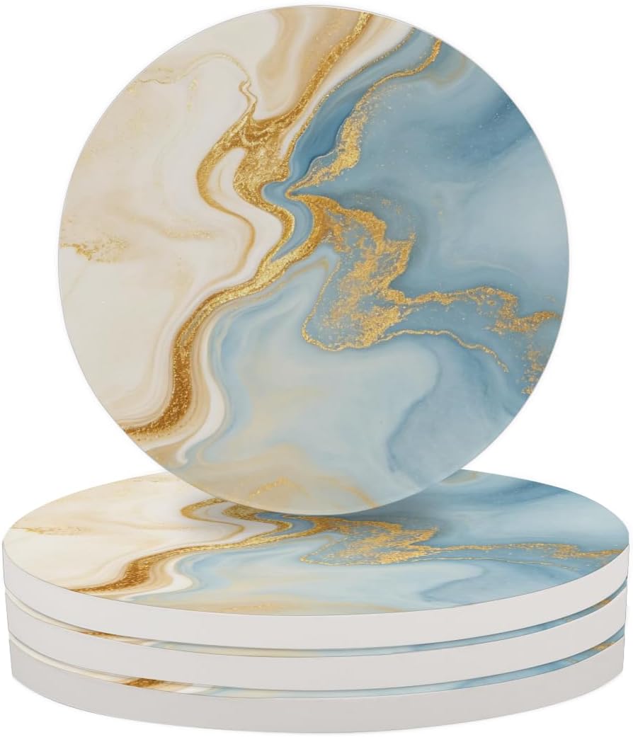Abstract Art Coasters Set of 4, Absorbent Ceramic Drink Coasters with Cork Backing, Marble Style Stone Coasters for Coffee Table, Thoughtful Housewarming Gifts fo Home (Sea Blue)