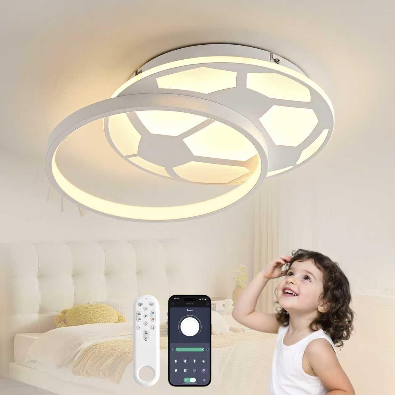 LED Kinder Deckenleuchte, 40CM Deckenlampe LED Fußball Dimmbar mit Fernbedienung und APP, Deckenleuchte Kinderzimmer Lampe mit Timer- und Speicherfunktionen für Kinderzimmer, Jugendzimmer