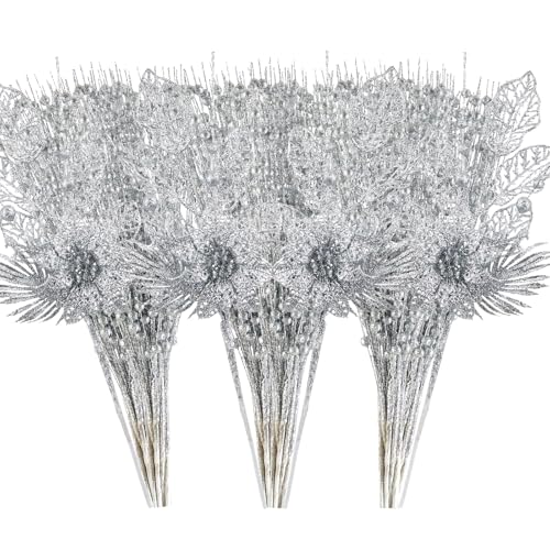 CristBest 24 Pack Christmas Tree Ornaments - Artificial Flowers Glitter Berry Stems Christmas Floral Picks Branches for Xmas Tree Decorations Vase Filler Holiday Wedding Party Home Decor (Silver) - image 1