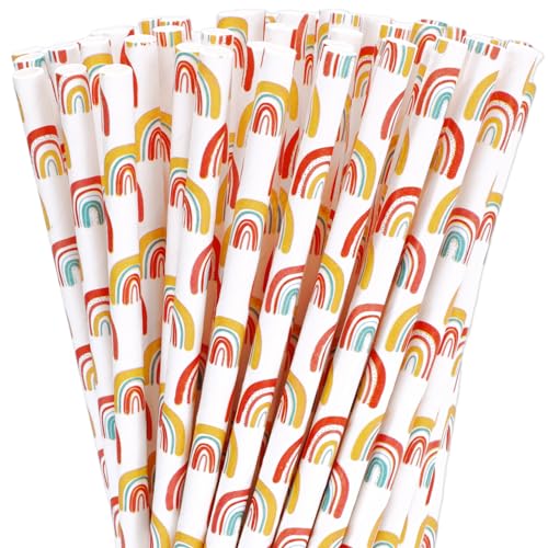 Whaline 200Pcs Boho Straws Rainbow Paper Straws Colorful Rainbow Drinking Straw Retro Groovy Disposable Straw for Birthday Party Supplies Beverages Cocktail Decorations
