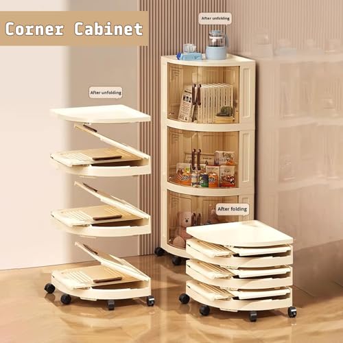 Image of House of Quirk Foldable Triangular Storage Cabinet with Wheels | Space Saving Corner Organizer | Portable Large Capacity Plastic Storage Box for Kitchen, Bathroom, Bedroom (4 Layer, Cream)