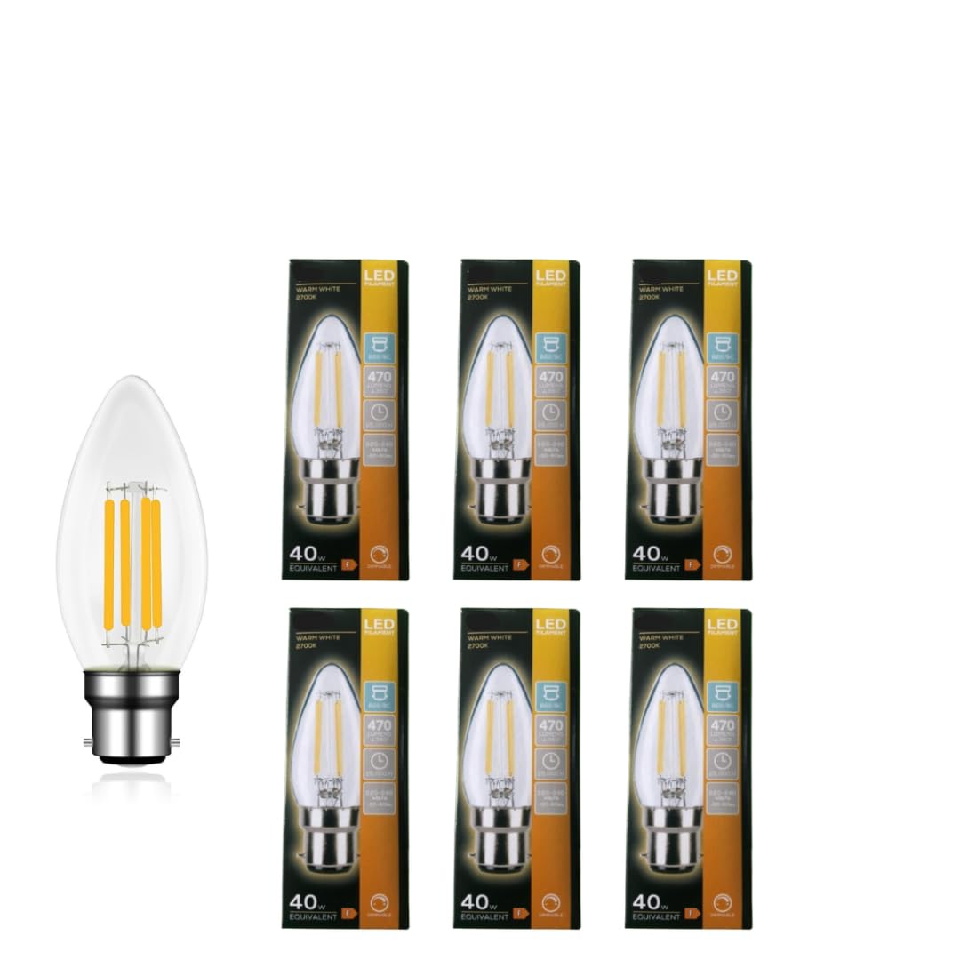 6 X Led Filament 4.5W Candle Light Bulb Bc Warm White Dimmable for Any Space | Energy Saving Lamps Bulb for Daily Use | Suitable for Ceiling Lights and Decorative Home Lighting