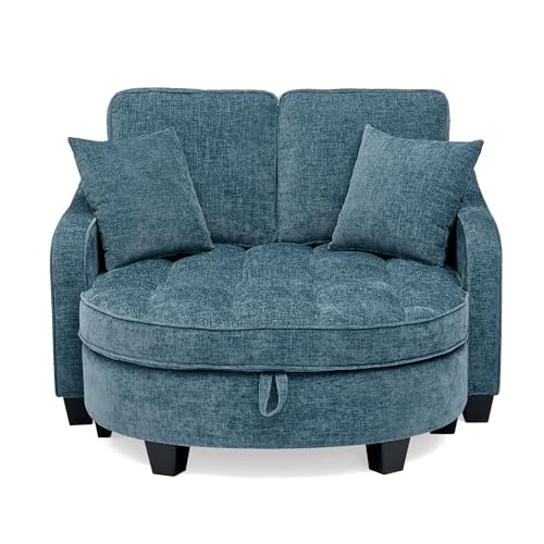 Image of ERYE Chenille Tufted Loveseat Sofa and Ottoman Set, Tufted Recliner Sleeper Chaise Lounge with Curved Storage Ottoman,Reclining Backrest and Side Pockets, 4 Pillows