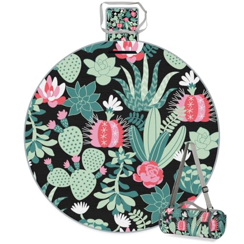 Shimoshe Cactus Flower Picnic Outdoor Blanket Foldable Waterproof Sandproof Beach Blanket Portable Water-Resistant Round Picnic Mat for Travel Camping Park Lawn