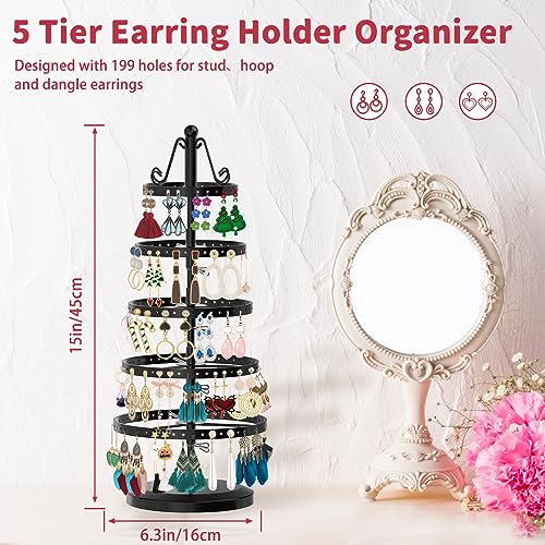 Image of MODOWEY 5 Tiers Metal Rotating Earring Holder Organizer Tree Spinning Display Stand Rack for Women, 220 Holes Adjustable Large Storage for Stud Dangle Hoop, Find Your Earrings at a Glance, Black