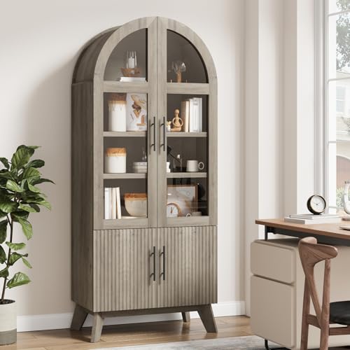 RNLRNL 71' Modern Fluted Display Cabinet with Glass Door, Arched Curio Cabinet with Adjustable...