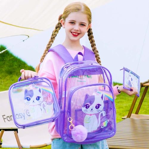 KLFVB 3PCS Clear Backpack for Girls and Boys, Kids See Through Backpacks Stadium Approved, Transparent Bookbag for Elementary2