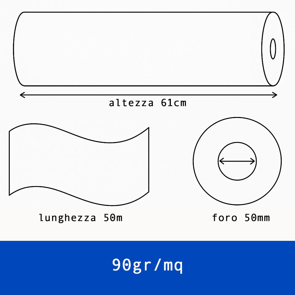 Carta Plotter 61cm x 50m 90g/m² Bianca Professionale Rotolo 4 Pezzi Foro 50mm Ø 96mm