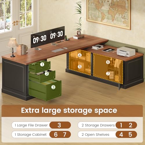 Image of SEDETA Farmhouse L Shaped Desk with Drawers, 70.9 inch Home Office Desk with Storage Cabinet and Storage Shelves, L Shaped Computer Desk with Power Outlet，Black+Brown