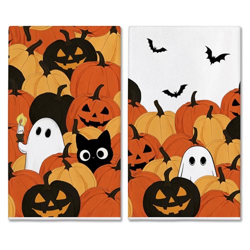 Image of Hexagram Halloween Kitchen Towels, Ghost Cat Halloween Hand Towels | Black Dish Towel, Ghost Bathroom Decor, Pumpkin Decor, Sets of 2, 18 inchx28 inch, Cat Lover Gifts