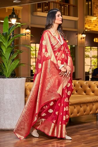 Image of SWORNOF Women's kanjivaram banarasi silk saree Zari Woven for festival Wedding silk with rich pallu Design sarees for women with Unstitched blouse piece (RED)