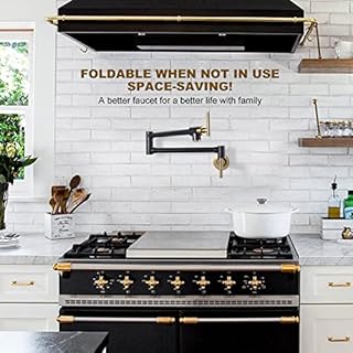 WOWOW Pot Filler Faucet, Solid Brass Kitchen Faucet Wall Faucet Black and Gold Folding Faucet, with Stretchable Double Joint Swing Arm, Commercial Copper Kitchen Faucet Over Stove