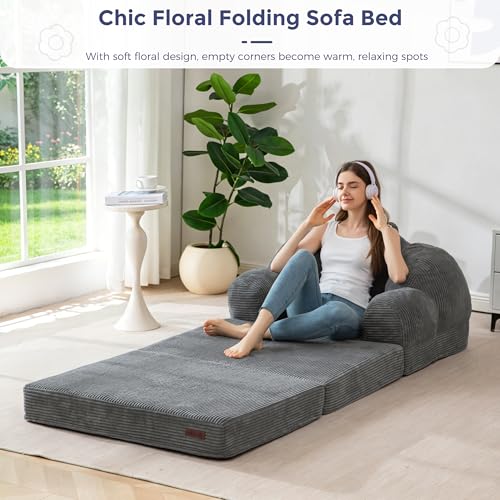 Image of MAXYOYO Folding Sofa Bed, Floral-Shaped Convertible Floor Sofa Couch with Backrest, 2 in 1 Comfy Lounger Bean Bag Chair with Handle, Floor Single Couch for Living Room Bedroom, Dark Grey
