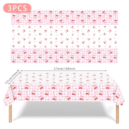 Image of 3PCS Cherry Tablecloth Birthday Party Decoration, Cherry Plastic TableClothes Disposable Waterproof Rectangle Bow Favor Tablecovers for Birthday Baby Shower Bridal Bachelorette Party Decor Supplies