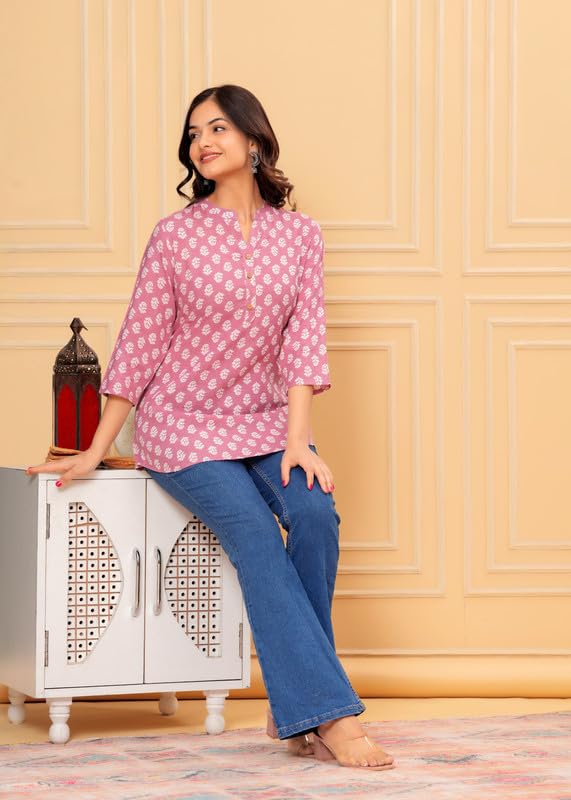 Image of Women's Cotton Printed Kurta Top | 3 /4 Sleeve Straight Kurti Casual Outings