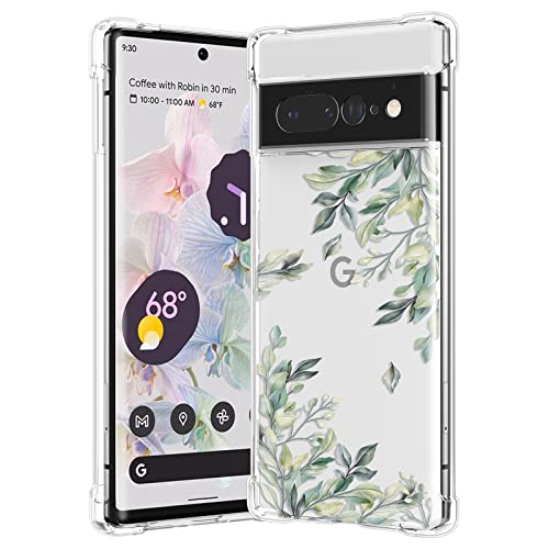 Raleavo Floral Case For Google Pixel 7 Pro,Clear Leaves Case Slim Cute Cover For Girls Women,Transparent Soft Tpu Bumper Protective Case With Reinforced Corners,Green Leaves #TOP14