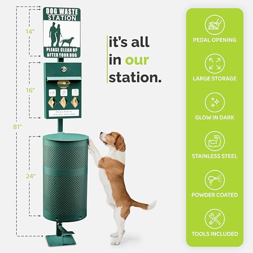 Image of Hands-Free Dog Waste Station Outdoor with Pedal - Dog Waste Disposal System & Bag Dispenser for Park & Trails - Rust Proof Doggie Station - Night Glowing Sign | 800 Pet Waste Bags & 100 Can Liners