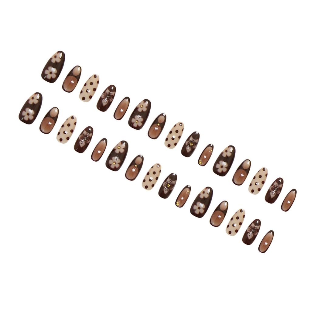 30Pcs Nails Tips Decorated with 3D Flowers and Gold Beads Polkas Dot Retro Design Safe ABS Materials for Easy