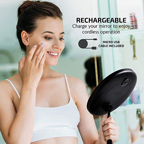 Ovente Lighted Makeup Mirror With Magnification, Rechargeable 8.5'' Vanity Table Top With Storage Tray, Dimmable Round Led, 10X Mini Magnetic Mirror, Compact For Travel, Usb Powered, Black Mot22B #TOP4