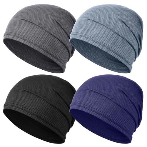 JenPen 4 Pcs Cooling Skull Cap for Men Women, Breathable Quick Dry Helmet Liner Sweat Wicking Biker Cap for Running Cycling Sports (Black,Navy Blue,Grey,Blue-Grey)