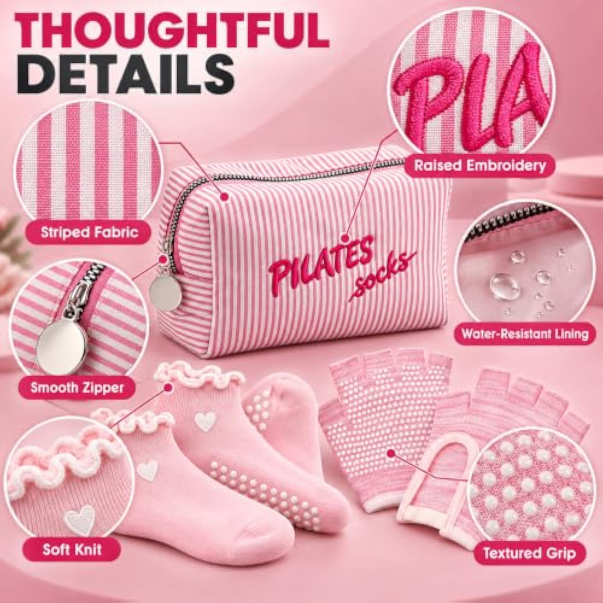 Pink Striped Gym Makeup Bag for Pilates and Yoga
