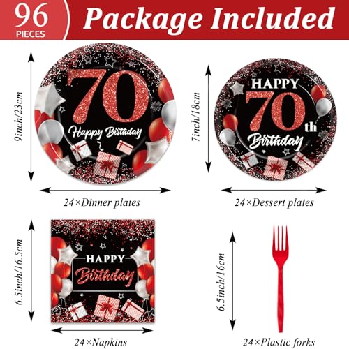 Image of gisgfim 96 Pcs 70th Birthday Plates and Napkins Party Supplies 70 Years Old Party Tableware Set Red Black Dinner Dessert Plates 70th Birthday Decorations Favors for Man Women for 24 Guests