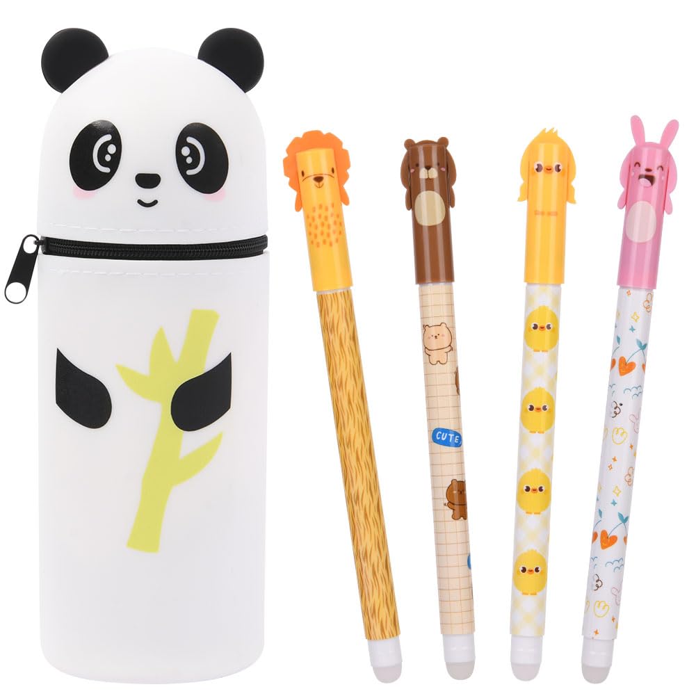 OFFCUP 2 in 1 Soft Silicone Pencil Case, Filled Pencil Case with 4pcs Erasable Gel Pens, Kawaii Panda Zipper Pen Holder, Pen Pouch for Office Home or School Back to School Children's Day Gifts