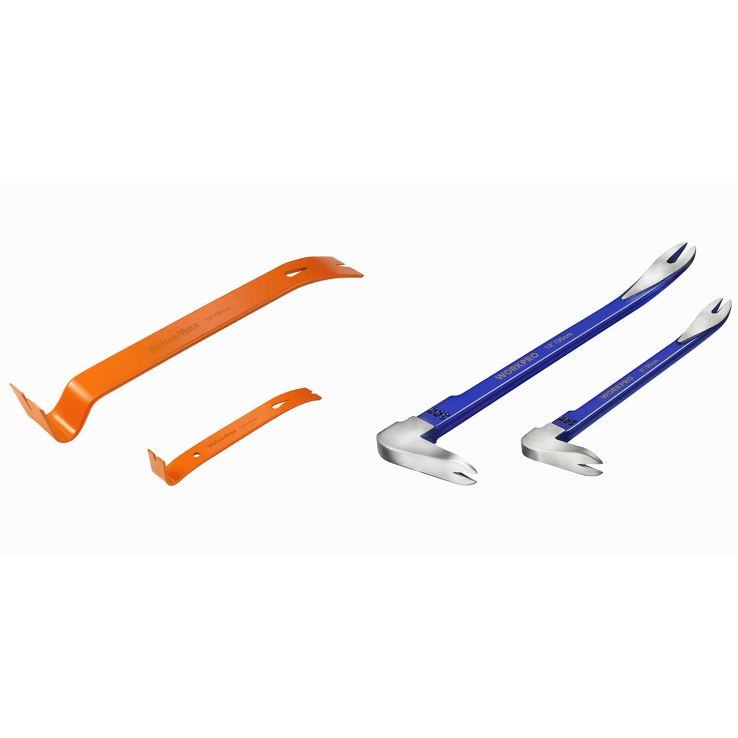 ValueMax 2-Piece Flat Pry Bar Set, 7-1/2” Mini Pry Bar, 15” Claw Bar & WORKPRO 2-Piece Nail Puller Set, 12” Pry Bar, 8” Mini Crowbar