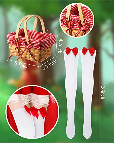 4 Pcs Women's Riding Hood Costume Halloween Party Dress with Red Hooded Cloak White High Socks Picnic Basket (XXS) - Thumbnail 2