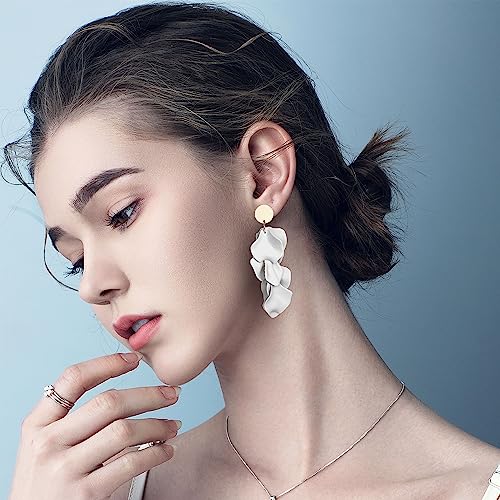 Fibo Steel Flower Dangle Clip On Earrings For Women Acrylic Long Tassel Rose Petal Clip Earrings Non Piercing Boho Resin White Statement Floral Drop Earrings thumb #3