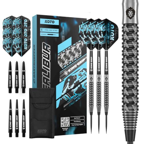 KOTO - Excalibur 90% Darts 21 G Schwarz & Silber Dartpfeile Darts Set inkl. 3 Barrels Flights + Shafts & Dartwallet Fester Ringgrip