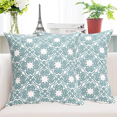 Unionkk 2Pcs Embroidery Decorative Throw Pillow Covers 16X16Inch,Aqua Throw Pillow Covers, Decorative Pillowcases Outdoor Embroidered Cushion Covers For Couch Sofa Bed Living Room Farmhouse #TOP6