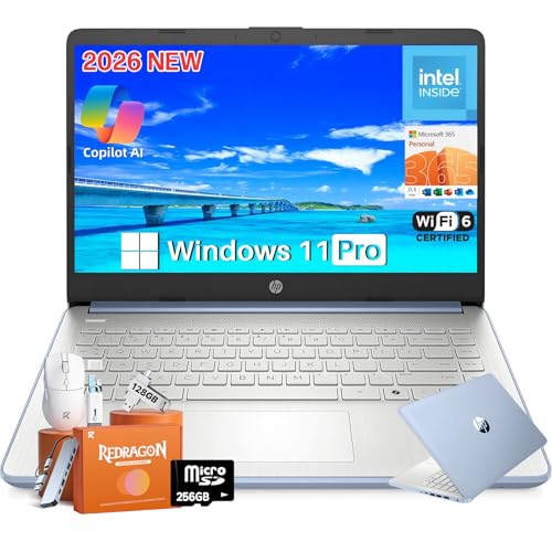 Image of HP 2026 14 Laptop Computer Student Business, Copilot AI, Intel N150, 16GB RAM, 512 GB Storage(128GB UFS+256GB MSD+128GB UFD), 1-Year Office 365, WiFi 6, Ultra Light, Portable, Windows 11 Pro, Sky Blue