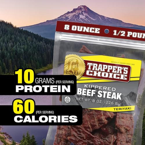 Image of Old Trapper, Trapper's Choice Teriyaki Kippered Beef Steak, Eight-Ounce Individual Package, Savory Sweet Meat Snacks, 10 Grams of Protein and 60 Calories Per Serving (Pack of One)