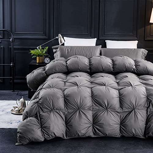 Three Geese Pinch Pleat Feathers Down Comforter Queen Size Duvet Insert,750+ Fill Power,1200TC 100% Cotton Fabric,All Seasons Premium Grey Down Comforter with 8 Tabs.