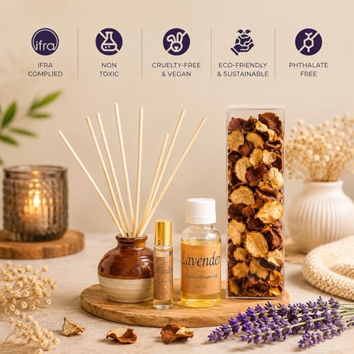 Image of AuraDecor Reed Diffuser Gift Set with Potpourri, Fragrance Oil & 6 Reed Sticks | Air Freshener for Living Room, Bedroom & Office | Decorative Aroma Diffuser Gift Set (Lavender, X-Large)