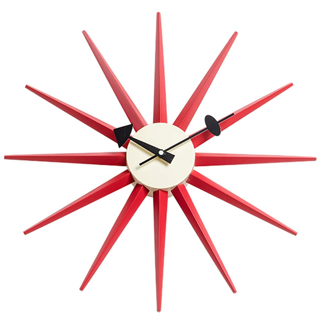 SHISEDECOModern Sunburst Clock in Red Color, Non Ticking Wooden Mid Century Retro Design Decorative Silent Wall Quartz Clocks for Home, Living Room, Office and Bedroom etc.