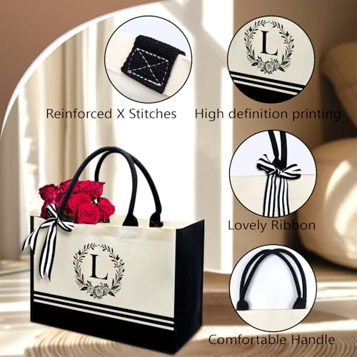 Image of Personalized Initial Canvas Tote Bags, Monogrammed Tote Bag Gifts for Women Teacher Friend for Birthday Wedding