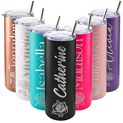 Personalized Skinny Tumbler, Straw, Lid & Brush Included, 20 Oz Black, Personalized Gifts for Women, Gift for Mom, Custom Skinny Tumbler for Women, Gifts for Her