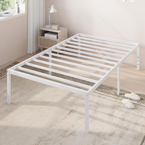 Allewie Twin Bed Frame 18 Inch Metal Platform Beds with Storage Space No Box Spring Needed and Easy Assembly White