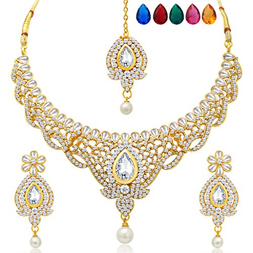 Image of Sukkhi Divine Gold Plated AD Necklace Set with Set of 5 Changeable Stone for Women