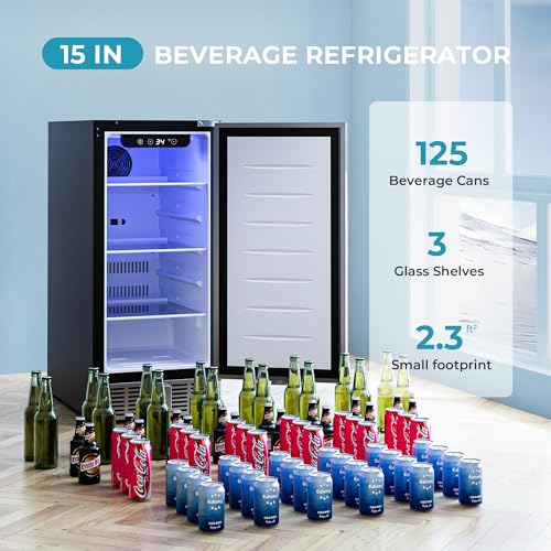 EUHOMY 15 Inch Under Counter Beverage Refrigerator, 125 Can Beverage Fridge with Stainless Steel Door for Beer Wine Soda, Beverage Cooler Built-in and Drink Fridge