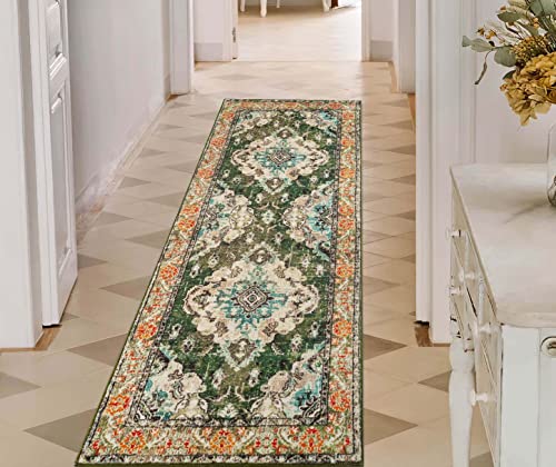 Bohemian Medallion Hallway Runner Rug,2'X 6' Green Distressed Washable Area Rug Non-Slip Kitchen Runner Rug Low-Pile Floor Carpet For Kitchen Laundry Bedroom Bathroom Living Room #TOP6