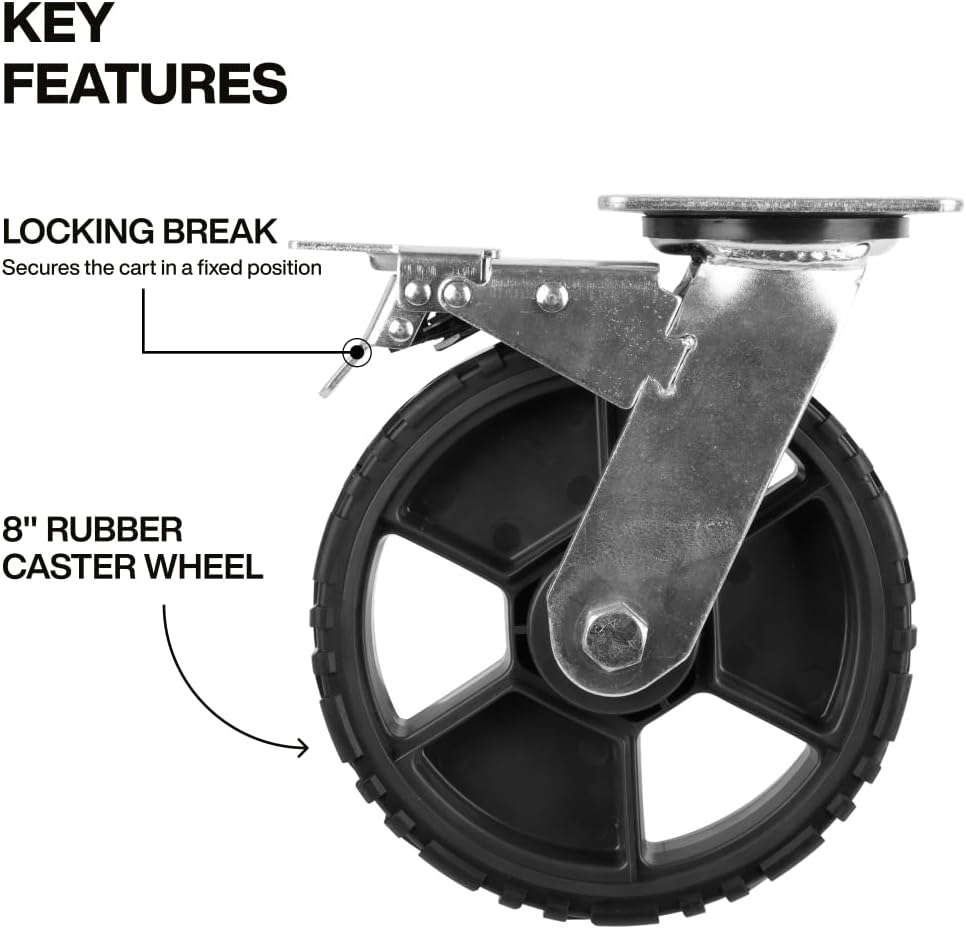 Klein Tools 54851MB 8-Inch Replacement Caster Wheels, Set of 4: Two Swivel with Brake/Two Fixed, Rubber Outer, Utility Carts, Wagons, Dolly