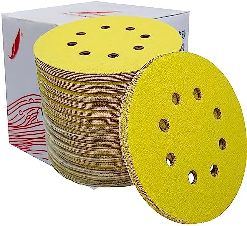 M-jump 100 Pack 5 Inch Sanding Discs, 180 Grit Hook and Loop Sandpaper for Woodworking or Automotive, 8 Hole Gold Premium Dustless Random Orbit Sandpaper