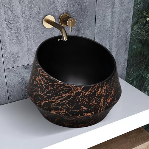 Image of Plantex Ceramic Tabletop Washbasin /Bathroom Basin Sink /Basin for Bathroom /Wash Basin for Restaurant /Hotel (Black & Gold - 16.5 x 16.5 x 13 Inch)