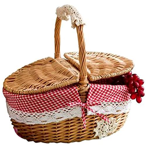 Jdeijfev Handmade Wicker Basket Wicker Camping Picnic Basket Shopping Basket Storage Basket and Handle Wooden Wicker Picnic Basket