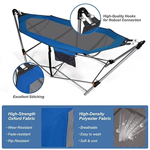 Giantex Portable Folding Hammock, Lounge Camping Bed With Hammock Stand, Indoor & Outdoor Hammock W/Side Pocket, Anti-Tip Buckles & Iron Stand For Camping Outdoor Patio Yard Beach (Blue) #TOP2