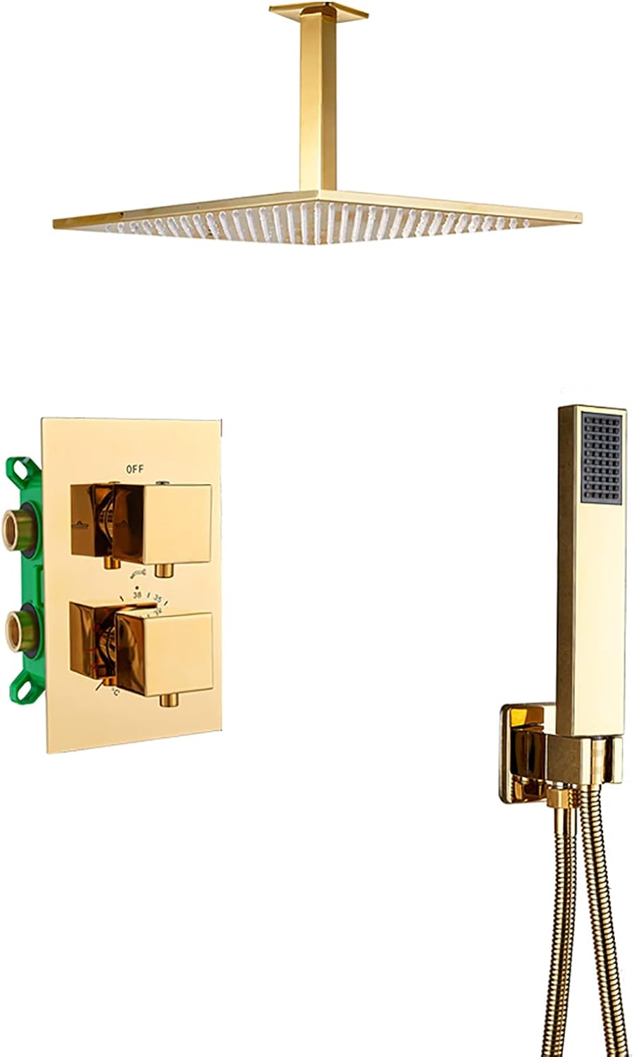 Gold Shower System with Rain Shower Head, Thermostatic Shower Combo Set