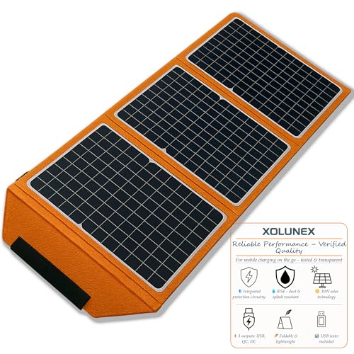 Faltbares Solarpanel 30W mit USB-Tester – Xolunex Solar Ladegerät mit USB & DC (18 V), monokristallin, IP54 – Tragbares Solar Panel für Camping, Outdoor, Wandern & Notfälle